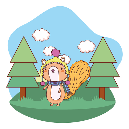 little chipmunk with hat and scarf in the field vector illustration designのイラスト素材
