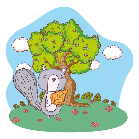 cute little chipmunk with leaf in the field vector illustration designのイラスト素材