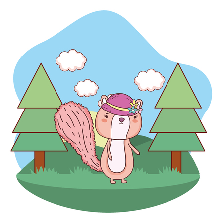 cute little chipmunk with female hat in the field vector illustration designのイラスト素材
