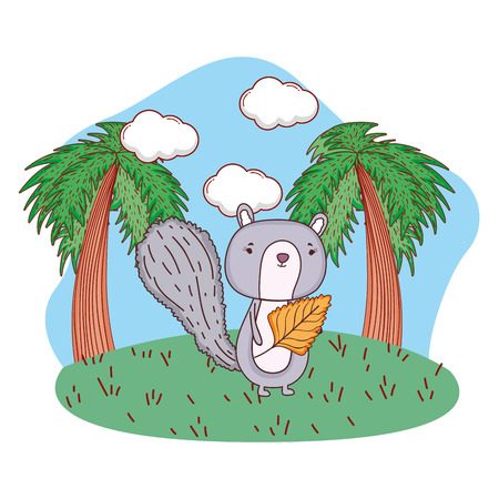 cute little chipmunk with leaf in the field vector illustration designのイラスト素材