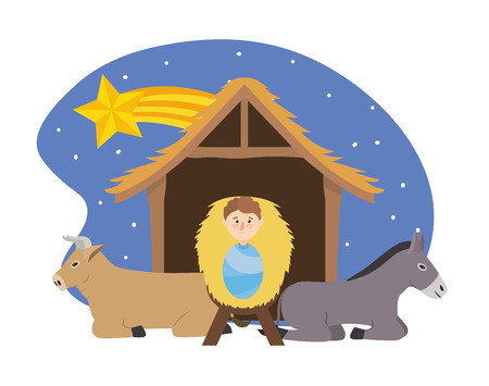 jesus between donkey and mule in the manger with star vector illustrationのイラスト素材