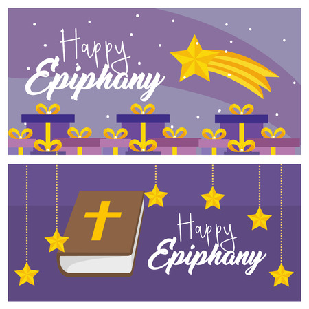 set happy epiphany with presents and bibble with stars vector illustrationのイラスト素材