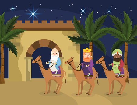 magicians kings ride camels with palm trees vector illustrationのイラスト素材