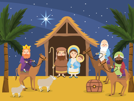 joseph with mary and jesus in the manger and magicians kings vector illustrationのイラスト素材