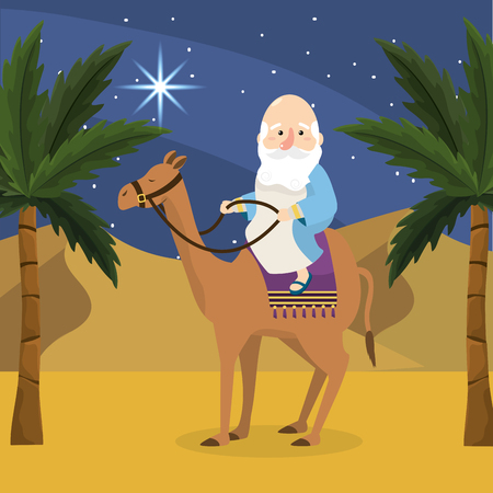 melchior ride camel with palm trees vector illustrationのイラスト素材