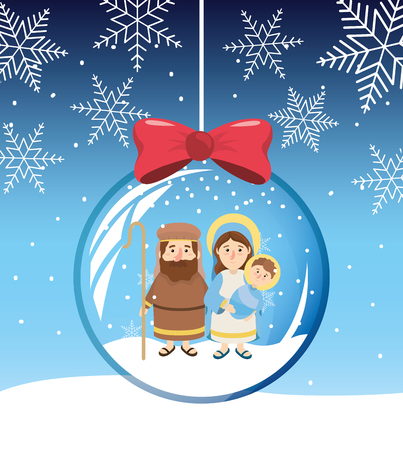 snowflakes joseph and mary with jesus inside crystal ball vector illustrationのイラスト素材