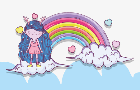 girl fantastic creature in the clouds with rainbow vector illustrationのイラスト素材