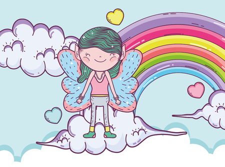 boy fairy creature in the clouds with rainbow and hearts vector illustrationのイラスト素材