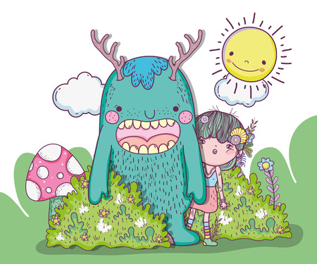 monster and girl creatures with sun and clouds vector illustrationのイラスト素材