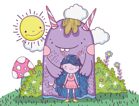 monster and girl creatures with sun and bushes vector illustrationのイラスト素材