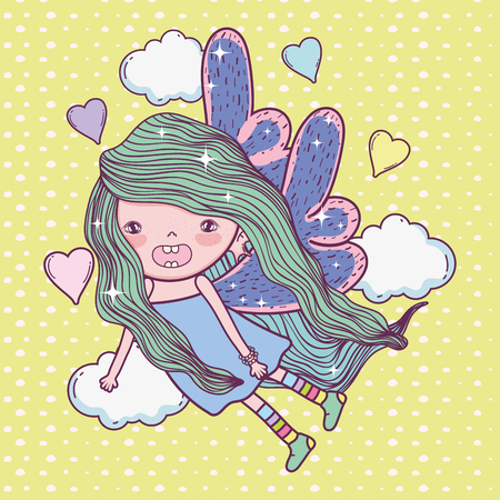 girl fairy creature with wings and hearts vector illustration