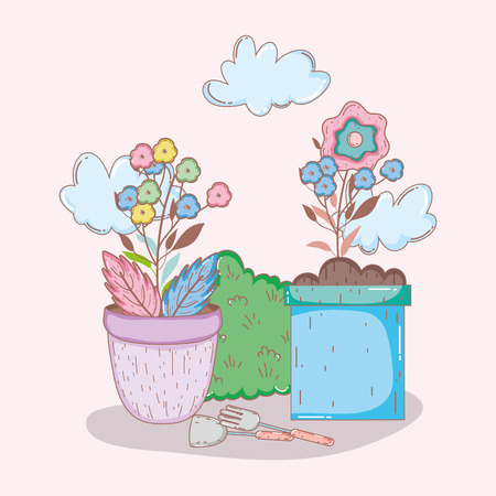 flowers inside plant pot and bush leaves vector illustrationのイラスト素材