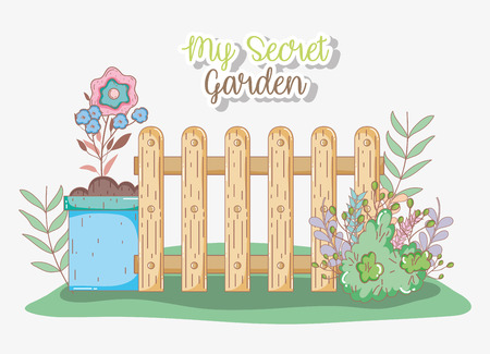 wood fence and bushes with flowers plants vector illustrationのイラスト素材