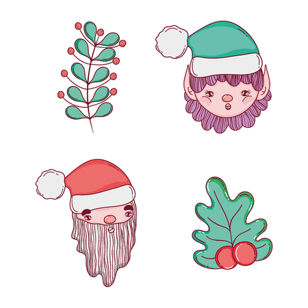 set elf with santa claus and branches leaves vector illustrationのイラスト素材