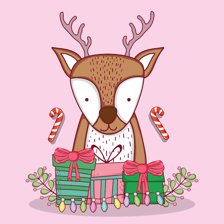 deer with candy cane and christmas presents vector illustrationのイラスト素材
