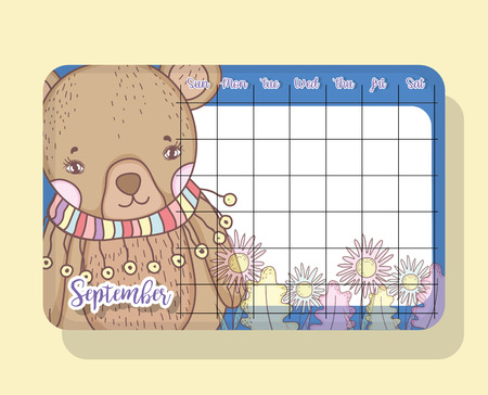 september calendar with bear cute animal vector illustrationのイラスト素材
