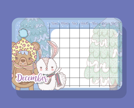 december calendar with bear and rabbit cute animal vector illustrationのイラスト素材