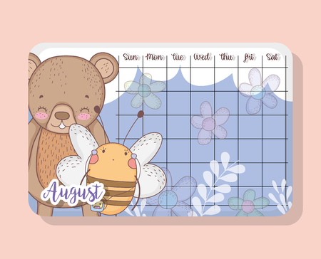 august calendar with bear and bee cute animal vector illustrationのイラスト素材