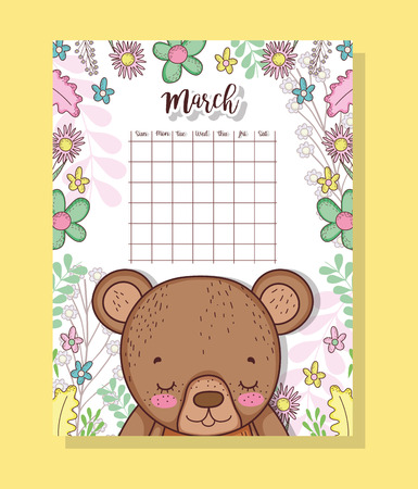 march calendar with cute bear animal vector illustrationのイラスト素材