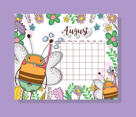 august calendar with cute bees animal vector illustrationのイラスト素材
