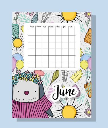 june calendar information with penguin and flowers vector illustrationのイラスト素材
