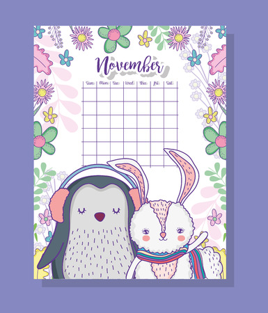 november calendar information with penguin and rabbit vector illustrationのイラスト素材