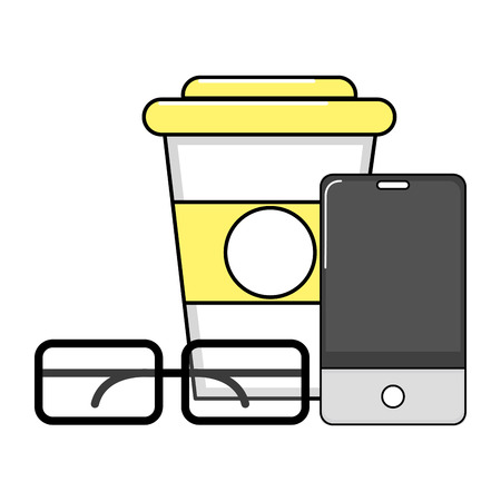 technology smartphone with glasses and coffee cup cartoon vector illustration graphic designのイラスト素材