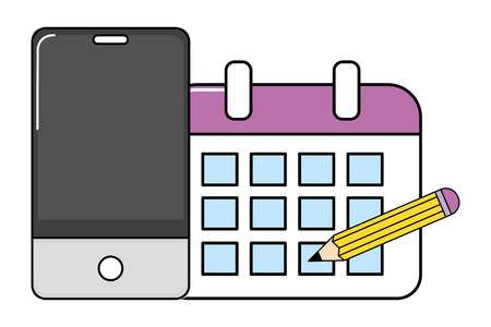 technology smartphone with calendar app and pencil cartoon vector illustration graphic designのイラスト素材