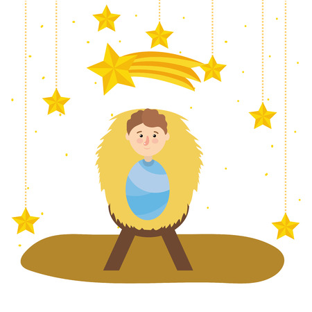 christmas nativity scene baby jesus over manger under shooting star and stars cartoon vector illustration graphic designのイラスト素材