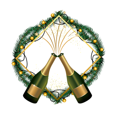 luxury and elegant champagne bottles with fireworks and christmas decorations with lights cartoon vector illustration graphic designのイラスト素材