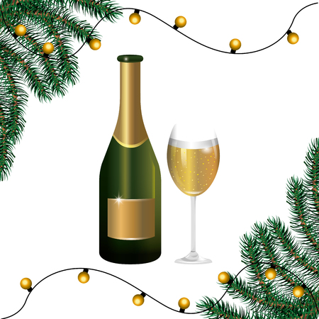 luxury and elegant champagne bottle with glass and christmas decorations with lights cartoonのイラスト素材