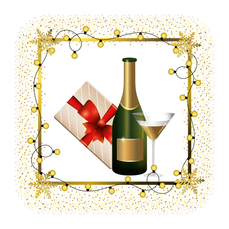 luxury and elegant champagne bottle with glass and golden  christmas decoration with gift cartoon vector illustration graphic designのイラスト素材