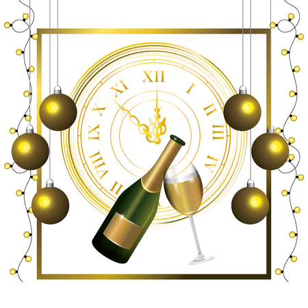 luxury and elegant champagne bottle with glass and golden  christmas with clock decoration cartoon vector illustration graphic designのイラスト素材