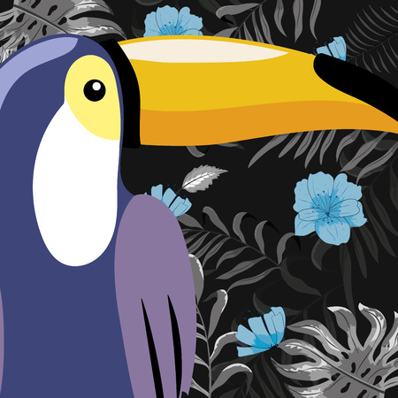 tropical toucan in front floral pattern cartoon vector illustration graphic designのイラスト素材