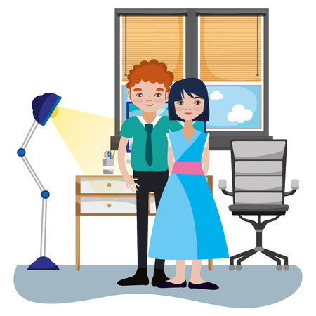 Couple woman and man smiling cartoon inside home apartment vector illustration graphic designのイラスト素材