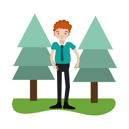 Young man smiling cartoon at park with trees vector illustration graphic designのイラスト素材