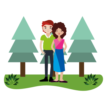 Couple woman and man smiling cartoon at nature park vector illustration graphic designのイラスト素材