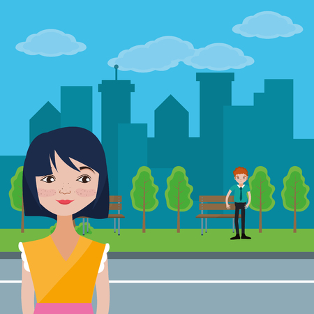 Young people at city park scenery cartoons vector illustration graphic designのイラスト素材