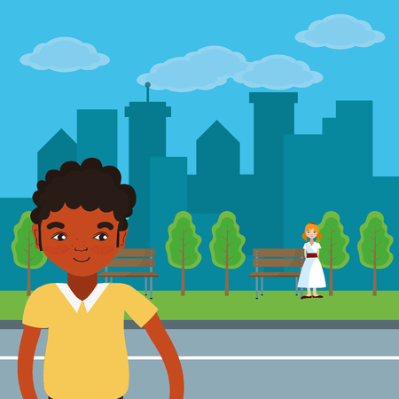 Young people at city park scenery cartoons vector illustration graphic designのイラスト素材