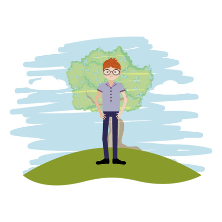 Young man smiling cartoon at park with tree vector illustration graphic designのイラスト素材