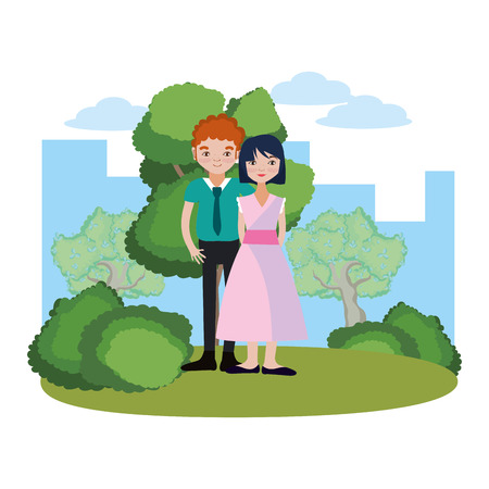 Couple woman and man smiling cartoon on nature park vector illustration graphic designのイラスト素材