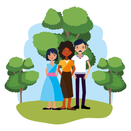 Cute family parents with daughter cartoon at nature park scenery vector illustration graphic designのイラスト素材