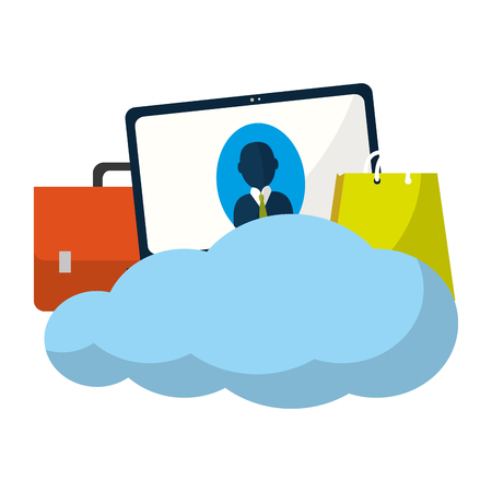 Businessman on tablet and briefcase with shopping bag on cloud vector illustration graphic designのイラスト素材