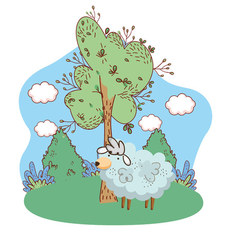 cute farm sheep with tree cartoon vector illustration graphic designのイラスト素材