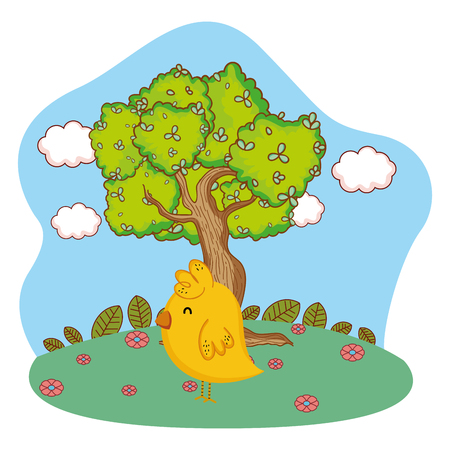 cute farm little chick with tree cartoon vector illustration graphic designのイラスト素材