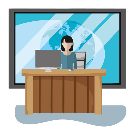 news journalist woman presenting news on television studio cartoon vector illustration graphic designのイラスト素材