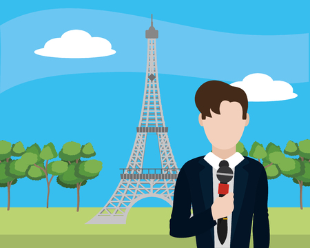 news journalist man presenting from eiffel tower cartoon vector illustration graphic designのイラスト素材