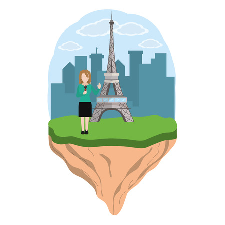 news journalist woman presenting from eiffel tower touristic place cartoon vector illustration graphic designのイラスト素材