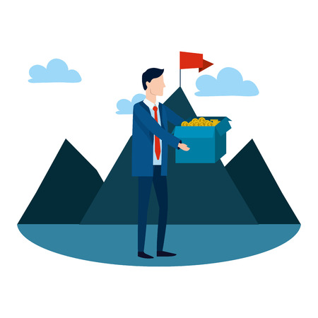 successful businessman avatar in front mountain with coins box cartoon vector illustration graphic designのイラスト素材