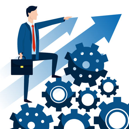 successful businessman avatar with support gears climbing arrows cartoon vector illustration graphic designのイラスト素材